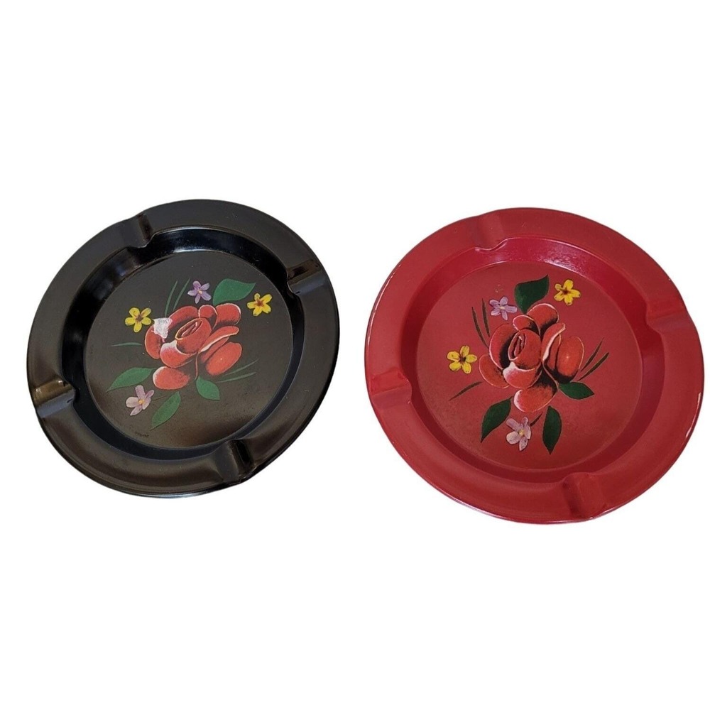 Vintage Painted Floral Ashtray Set Of 2 Black Red Rose Tin Restaurant Cigarette